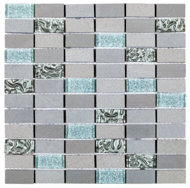 Stone Marble Look Tile Mosaic Brick 7/8" x 2" - Grey/Silver Glass / Grey Stone