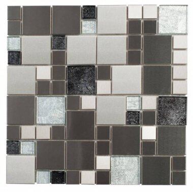 Metal Tile Cube Mosaic 12" x 12" - Grey Glass / Silver Metal