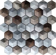 Glass Tile Aluminum Hexagon Mosaic 12" x 12" - Silver/Brown